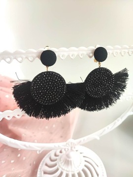 Klipsy boho chwosty czarne cyrkonia c25