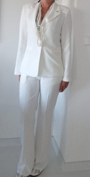 garnitur damski włoski biały elegancki kostium komplet ze spodniami szeroka