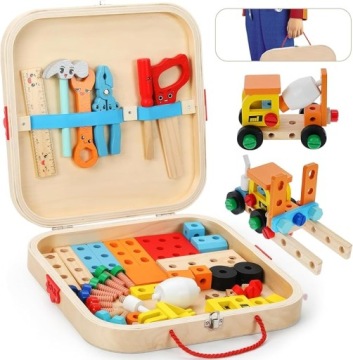 Dřevěná kufřík s dřevěnými kostkami Montessori pro chlapce