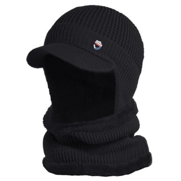 Men Winter 2 Pcs Set Visor Brim Earflap Beanie Hat with Circle Scarf Knitte