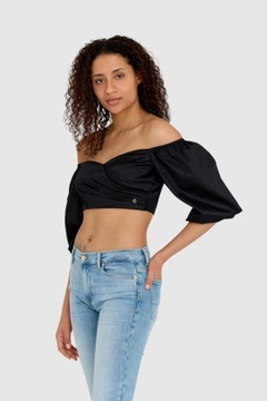 GUESS - Czarny crop top z bufiastymi rękawami L