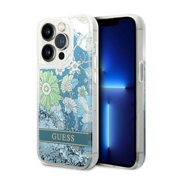 Guess Liquid Glitter Flower – Pouzdro pro iPhone 14 Pro (zelené)
