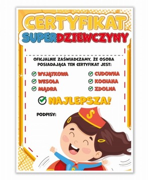 DYPLOM CERTYFIKAT NA DZIEŃ KOBIET - SUPER DZIEWCZYNY (DUŻY A4) - LearnHow