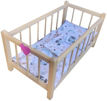 ДЕРЕВЯННАЯ ЛЮЛЬКА ДЛЯ КУКОЛ с постельным бельем, 3 элемента