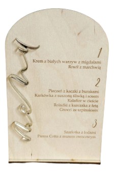 Menu weselne drewniane grawerowane ze złotą plexi, ślub, dekoracje stołu