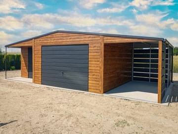 Garaż blaszany z wiatą 9x6m Matowa Czerń + Dąb rustykalny +furtka