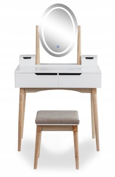 TOALETKA z LUSTREM i TABORETEM drewniana OŚWIETLENIE LED biała KOSMETYCZNA