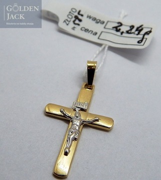 Złota zawieszka wisiorek Krzyż z Jezusem białe złoto p. 585 waga 2,24g
