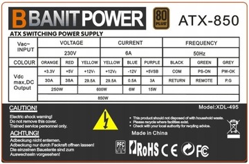 БЛОК ПИТАНИЯ ATX 850 Вт 80+ 14 СМ 4xSATA 2xMOLEX 2xPCI-e 800 Вт