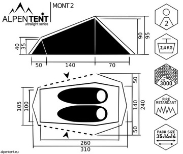 AlpenTent MONT 2 Сверхлегкая двухместная палатка ВСЕГО 2,2 кг