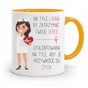 KUBEK ŻÓŁTY PREZENT DLA PIELĘGNIARKI NA TYLE ŁADNA z Nadrukiem ze Zdjęciem