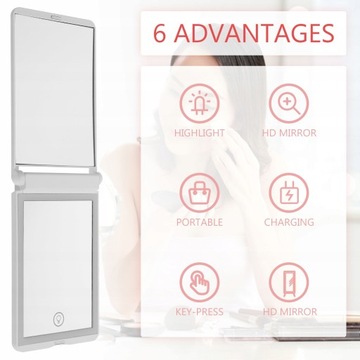 Складное увеличительное зеркало для макияжа со светодиодной подсветкой