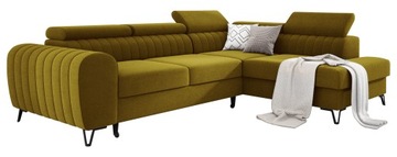Musztardowy narożnik z zagłówkami i funkcją spania EXEO sofa w kształcie L