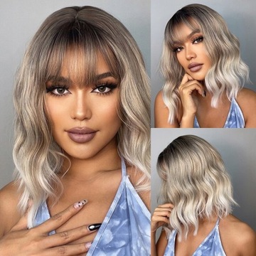 Peruka Blobde Ombre Short Bob Synthetic Wavy Wig w