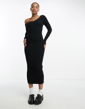 Asos Design NG7 zik czarna sukienka prążki guziki dekolt L