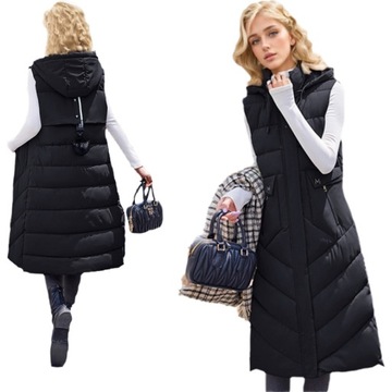 2024Nowy PIKOWANA DŁUGA KAMIZELKA DAMSKA PUCHOWA BEZRĘKAWNIK Z KAPTUREM XL