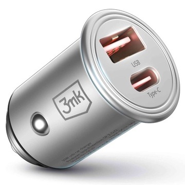 ŁADOWARKA SAMOCHODOWA 45W USB + USB-C TYP C SZYBKA MAŁA 3MK HYPER SREBRNA