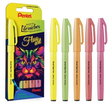 Pisak do kaligrafii PENTEL SES15 Brush Pen Zestaw FLUO świeci w UV op.5