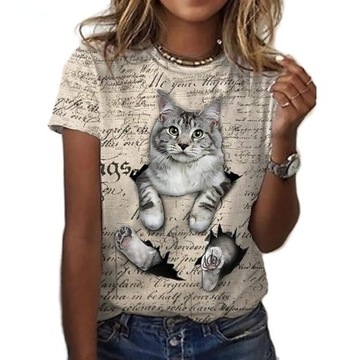 DAMSKI T-SHIRT KOSZULKA FULLPRINT 3D KOTEK XL