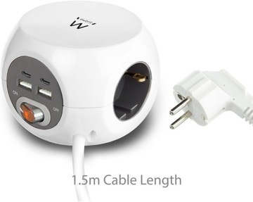 LISTWA PRZEPIĘCIOWA KOSTKA ZASILAJĄCA OCHRONNA 7w1 3 GNIAZDKA + 4 PORTY USB