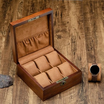 Luksusowe drewniane pudełko na zegarek z 6 miejscami, zamykany uchwyt na zegarek kolekcjonerski. Zegarek kwadratowy