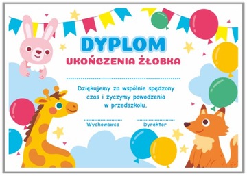 Dyplom: Ukończenia Żłobka (Zwierzaczki) format A4