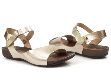 Złote sandały damskie Lemar na rzepy Skórzane na płaskim sandałki Rzymianki