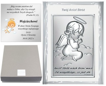 OBRAZEK SREBRNY ANIOŁ STRÓŻ Z MODLITWĄ PREZENT NA CHRZEST Z GRAWEREM GRATIS