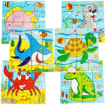 DREWNIANE KLOCKI PUZZLE UKŁADANKA 6W1 EDUKACYJNA