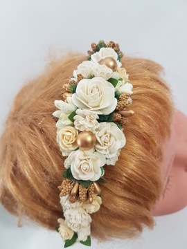 OPASKA KWIATY ECRU+ZŁOTO KOMUNIA RÓŻYCZKI