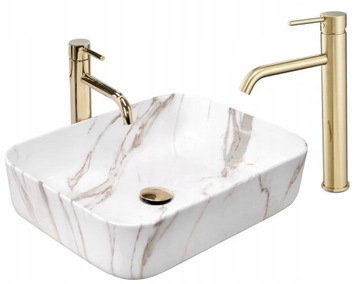 Umywalka Ceramiczna DEMI Imitacja Kamienia + Bateria Złota Lungo Wysoka