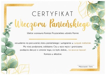 CERTYFIKAT NA WIECZÓR PANIEŃSKI A4 Boho A4