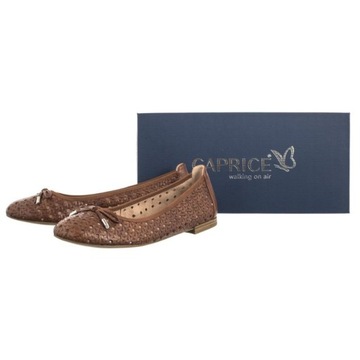 Buty Baleriny Skórzane Damskie Caprice Brązowe 9-22109 Cognac Nappa