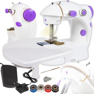 MASZYNA DO SZYCIA PRZENOŚNA MINI PODŚWIETLANA AKCESORIA ZASILACZ + STOLIK