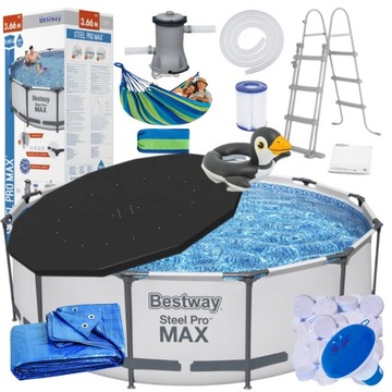 BESTWAY BASEN STELAŻOWY 366X100 DUŻY OGRODOWY 17w1 POMPA CHLOR DRABINA MATA