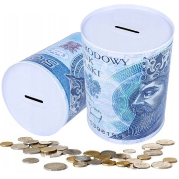 M METALOWA PUSZKA SKARBONKA NOMINAŁ MONETY PIENIĄDZE BANKNOT 50 zł