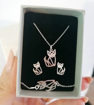 СЕРЕБРЯНЫЙ НАБОР 3В1 КОШКА ОРИГАМИ КОТЯТА СЕРЕБРО 925