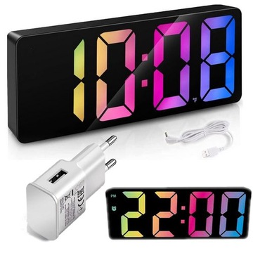 Zegar Termometr STOJĄCY CICHY BUDZIK Elektroniczny LED Alarm RGB +ZASILACZ