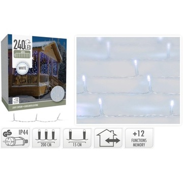LAMPKI CHOINKOWE KURTYNA ŚWIETLNA WATERFALL ZEW 240 LED ZIMNY BIAŁY 12 FUNK