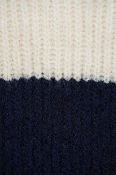 H&M Ciepły Efektowny Kobiecy Kremowy Granatowy Sweter Paski Wełna XS 34