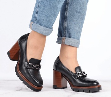 Черные мокасины на деревянном каблуке и платформе, туфли VINCEZA, размер. 38