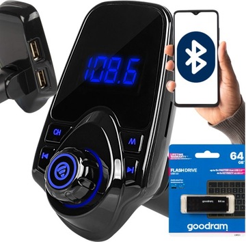 Transmiter FM bluetooth USB SD MP3 ładowarka AUX + PENDRIVE GOODRAM 64GB