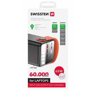 Powerbank 60000 мАч 65 Вт для ноутбука-смартфона со светодиодным фонариком USB-C USB-A