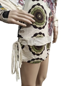 Beżowa bawełniana bluzka tunika ornamenty kwiaty Desigual L