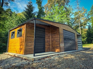 Garaż blaszany z wiatą 9x6m Matowa Czerń + Dąb rustykalny +furtka
