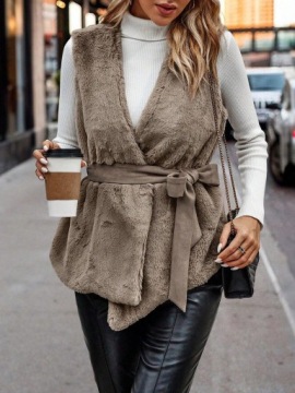 СВЕТЛО-КОРИЧНЕВЫЙ МЕХОВОЙ ЖИЛЕТ С ЗАВЯЗКОЙ НА ПОЯСИИ SHEIN 40/42