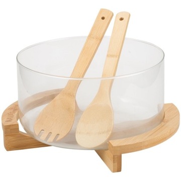 Miska szklana bambusowa z łyżkami do sałaty sałatek 24 cm 4 l /NAVA