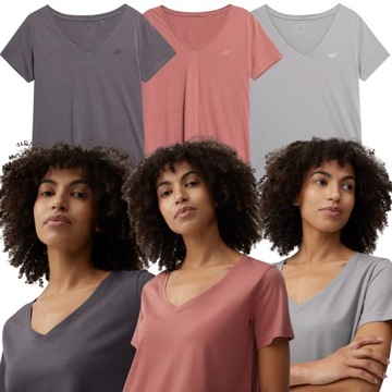 ZESTAW KOSZULKA DAMSKA 4F 3PAK BAWEŁNIANA T-SHIRT SPORTOWY W SEREK r M