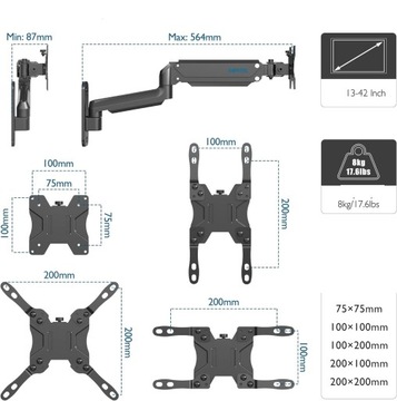 НАСТЕННОЕ КРЕПЛЕНИЕ ДЛЯ ТВ-МОНИТОРА ПК 13-42 ДЮЙМОВ, 8 КГ (957)