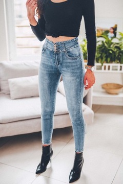Jeansowe spodnie damskie rurki wycięcie stan S